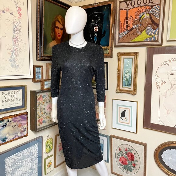 80s Vintage Milano Sexy Black Glitter Backless Cocktail Dress with Butt Ruching - Picture 2 of 10